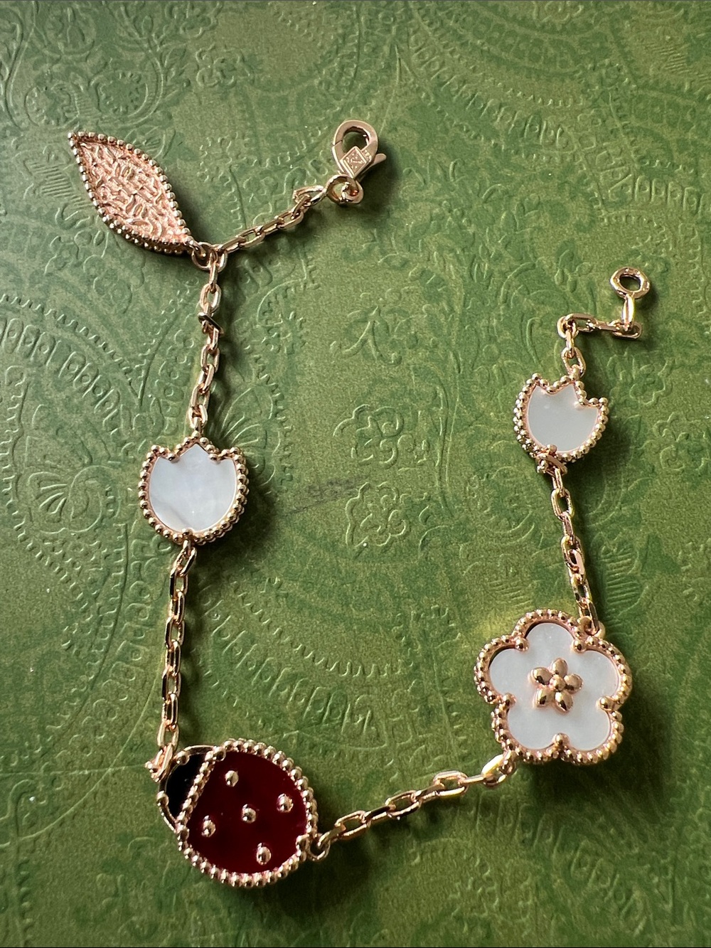 Copper plated 18k Rose Gold Floral and Mother-of-Pearl Charm Bracelet ladybug